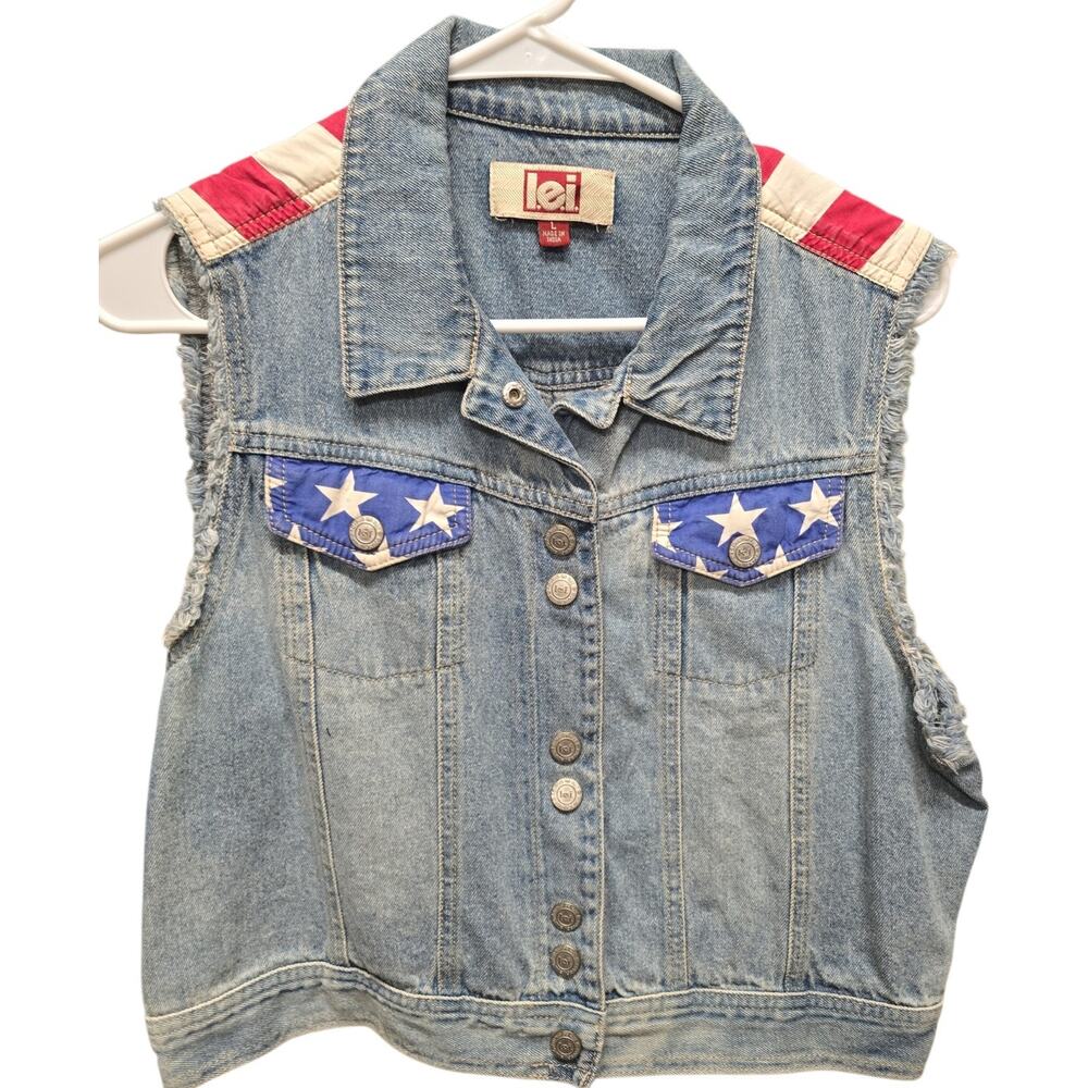 L.e.i Denim Vest with Red, White, Blue Stars and Stripes Design